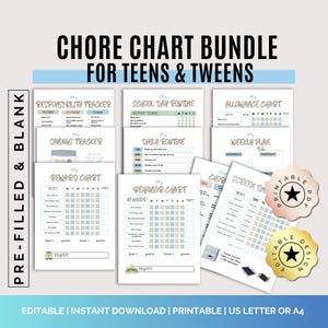 Chore Charts for Teens & Tweens, Green, Blue Behavior, Screen Time, Rewards Printables, Editable PDFs, Digital Download, Canva Templates
