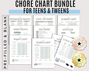 Chore Charts for Teens & Tweens, Green, Blue Behavior, Screen Time, Rewards Printables, Editable PDFs, Digital Download, Canva Templates