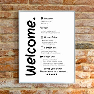 Znak powitalny dla gospodarza Airbnb Zestaw 4, wynajem wakacyjny do wydrukowania, szablon VRBO, przyjazd, WIFI, zasady domu, wymeldowanie gości, edytowalny Canva