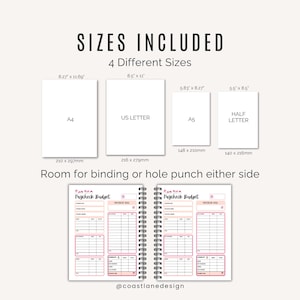 Paycheck budget tracker printable available in multiple sizes for planners or binders