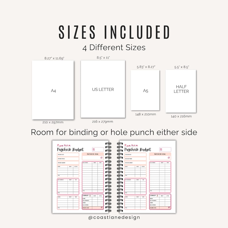 Paycheck budget tracker printable available in multiple sizes for planners or binders