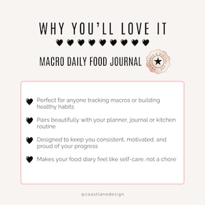 Why you'll love it graphic highlighting the key benefits of the daily macro tracker, perfect for anyone tracking macros or building healthy habits, makes your food diary feel like self-care, not a chore.