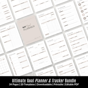Op de afbeelding: Een printbare doelplanner- en trackerbundel met 34 pagina's en 20 sjablonen. De omslag heeft een beige achtergrond met de tekst "MY GOAL PLANNER" in een zwart-wit handschrift.