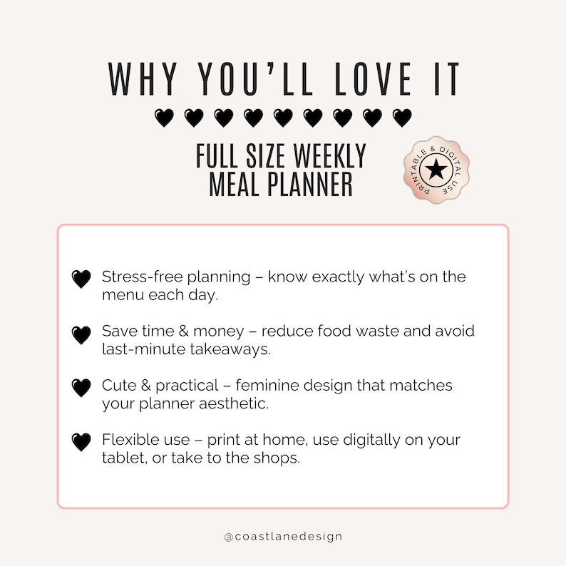 Feminine floral weekly meal planner printable – aesthetic kitchen organisation template PDF.