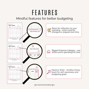 Close-up of weekly expense tracker printable with fields for need or want, biggest expense, and reflection notes.