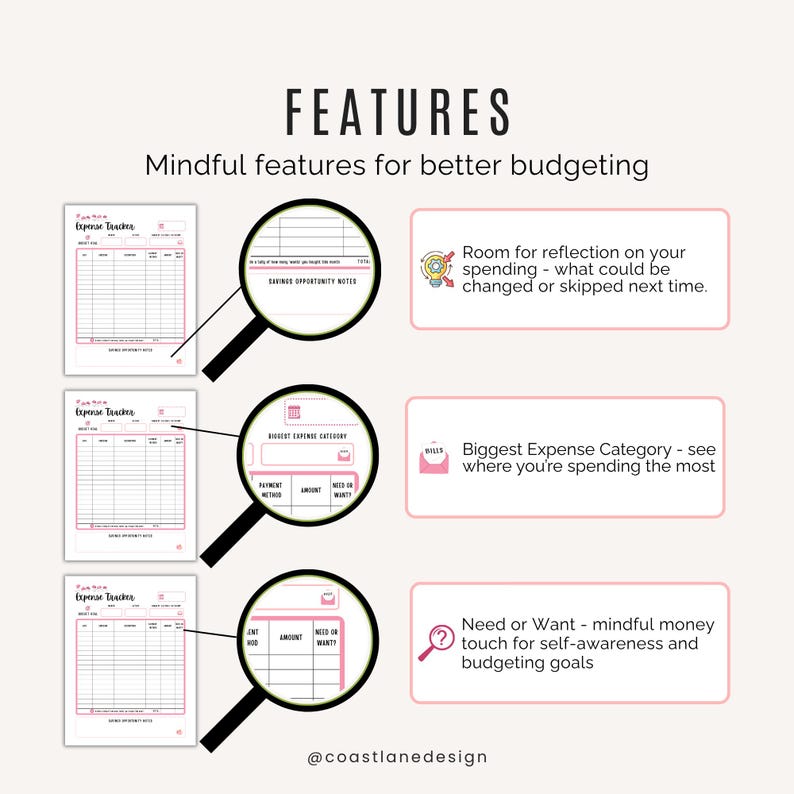 Close-up of weekly expense tracker printable with fields for need or want, biggest expense, and reflection notes.