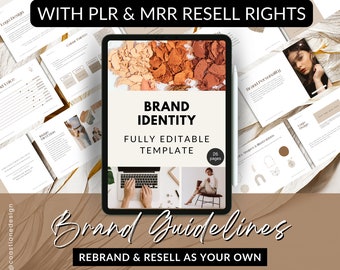 Può includere: Un tablet digitale che mostra un modello di identità di marca con il testo "BRAND IDENTITY" e "FULLY EDITABLE TEMPLATE". Il modello è progettato in uno stile minimalista con una tavolozza di colori neutri. Il testo "WITH PLR & MRR RESELL RIGHTS" è visualizzato sopra il tablet.
