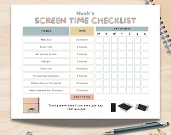 Edytowalny wykres czasu spędzanego przed ekranem przez dzieci: codzienny rejestr zadań (do druku w formacie PDF i szablon Canva)