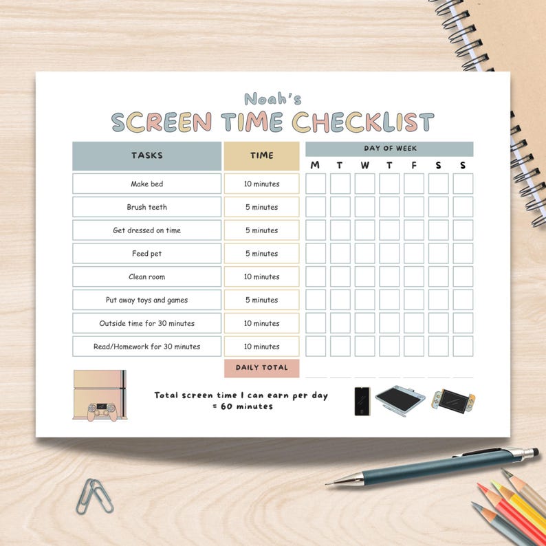 Editable Screen Time Chart for Kids – Earn Screen Time Checklist with Daily Task Reward Tracker – Printable PDF & Canva Template