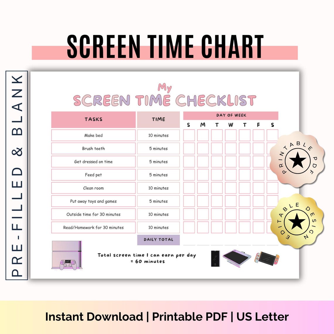 Kids Screen Time Chart: Editable Task Checklist (printable PDF & Canva ...