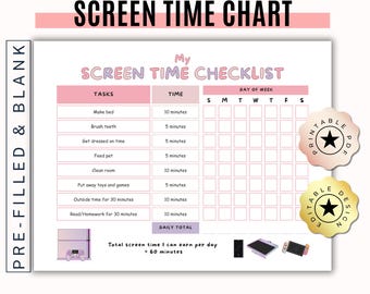 Kids Screen Time Chart: Editable Task Checklist (Printable PDF & Canva Template)