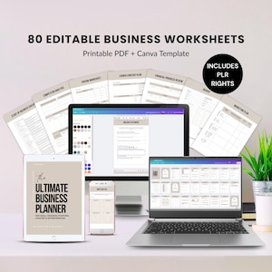 Business Planner Bundle: 80+ Printable Worksheets, Canva Template (MRR PLR Bundle, Digital Download)
