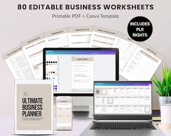 Business Planner Bundle: 80+ Printable Worksheets, Canva Template (MRR PLR Bundle, Digital Download)