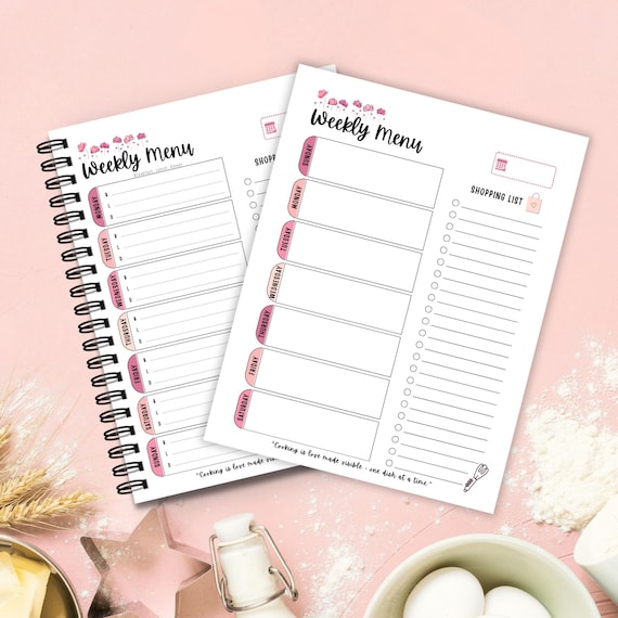 Weekly Meal Planner Printable with Shopping List – Menu Plan for Breakfast Lunch Dinner | Cute Food Prep PDF | Sunday & Monday Start