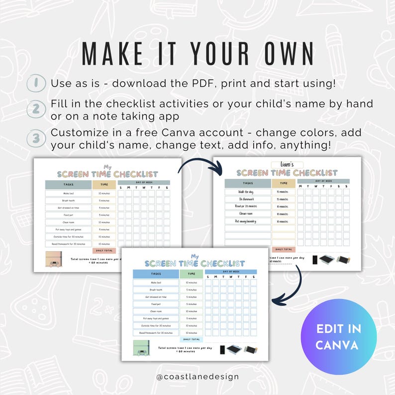 Editable Screentime Checklist Chart you can use as is by downloading the PDF, print and get started, or edit in a free Canva account.