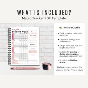 Printable macro food journal showing daily tracking layout for meals, macros, water intake, energy and exercise.