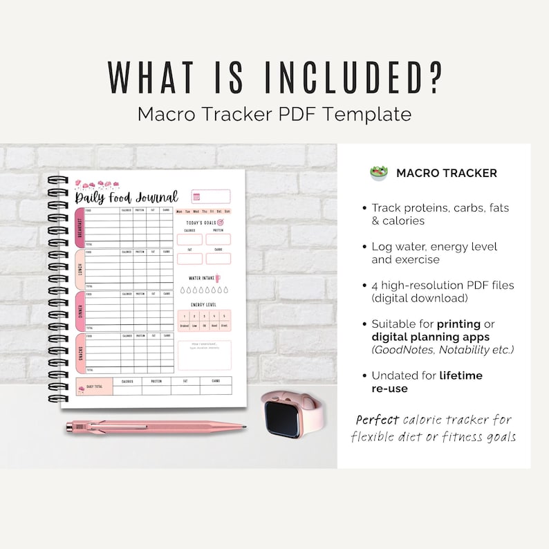 Printable macro food journal showing daily tracking layout for meals, macros, water intake, energy and exercise.
