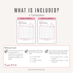 Weekly and Monthly expense tracker template in pink with space to log all spending categories and payment types.