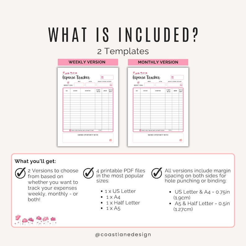 Weekly and Monthly expense tracker template in pink with space to log all spending categories and payment types.