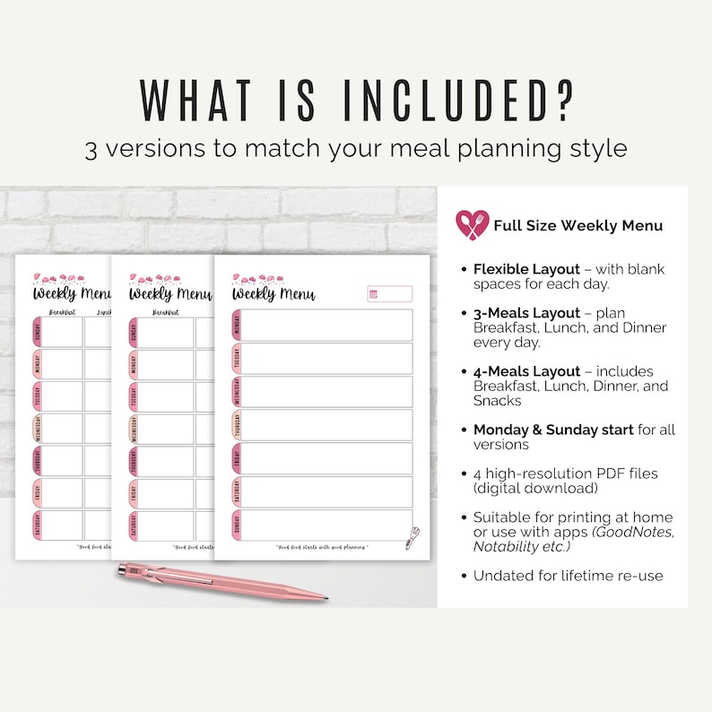 Printable weekly menu planner PDF – 3 versions, Sunday or Monday start, in A4, A5, US Letter and half letter sizes.