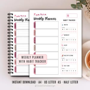 May include: A spiral-bound weekly planner with a habit tracker featuring pink floral accents. The layout includes sections for days of the week, water, workout, sleep, healthy eating, and self-care goals. Text reads Weekly Planner and Weekly Planner with Habit Tracker.