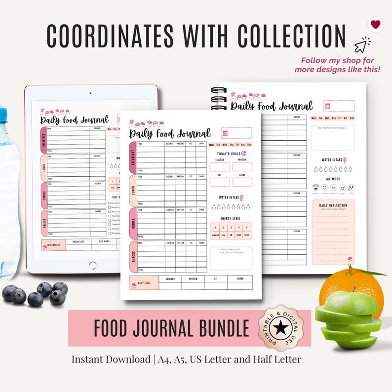 Preview of three Daily Food Journal styles—Macro, Mindful and Wellness—with text overlay promoting food journal bundle option.