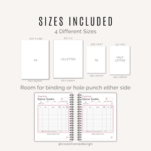 Digital expense tracker printable with weekly and monthly layouts shown in four paper sizes: A4, A5, US Letter and Half Size.