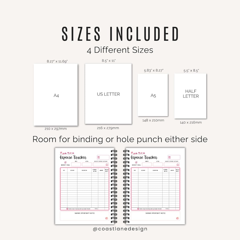 Digital expense tracker printable with weekly and monthly layouts shown in four paper sizes: A4, A5, US Letter and Half Size.