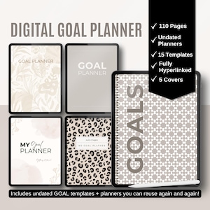 Puede incluir: Planificador de objetivos digital con cinco diseños de portada diferentes. Las portadas presentan un patrón floral, un estampado de leopardo, un diseño de acuarela, un patrón geométrico y un color sólido. El planificador incluye 110 páginas, 15 plantillas y está completamente hipervinculado.