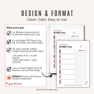 Weekly meal planner with soft pink layout, showing sections for meals and shopping list.