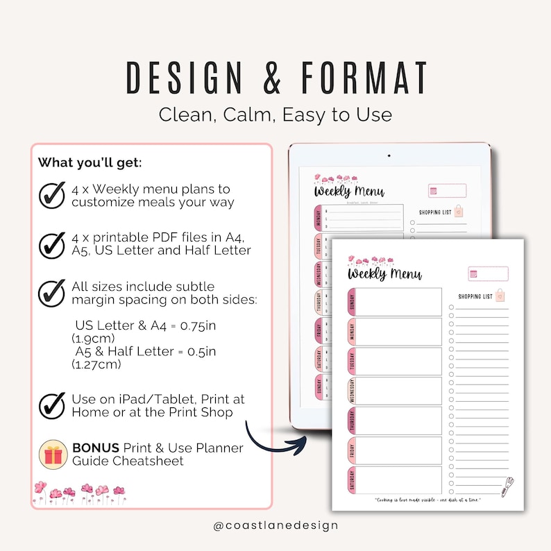 Weekly meal planner with soft pink layout, showing sections for meals and shopping list.