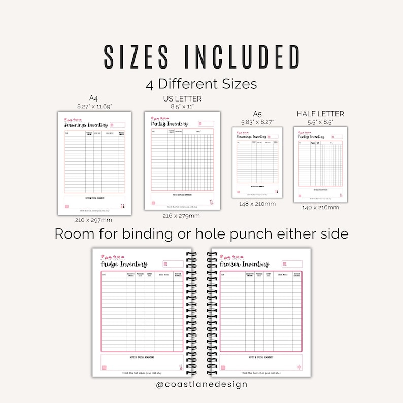Kitchen inventory printable PDFs available in A4, A5, US Letter and Half Letter paper sizes.