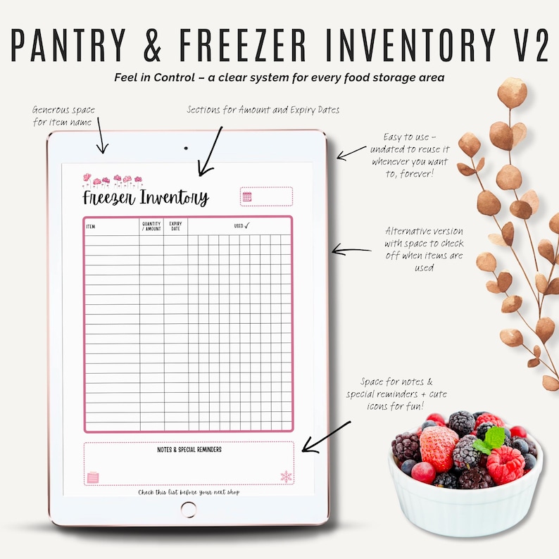 Digital Kitchen Inventory printable used on iPad with Goodnotes and Notability apps.