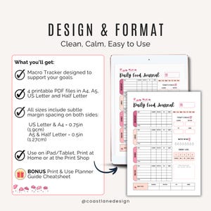 Printable and digital friendly macro food journal in four sizes, A4, A5, US Letter and Half Letter.  Includes margins on both sides in all sizes for binding or hole punching, plus bonus print & use cheatsheet.