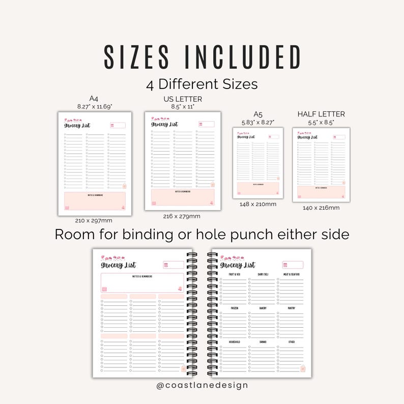Grocery list printables in US Letter, A4, A5, and Half Letter paper sizes for home printing or digital use.