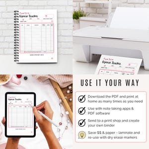 Printed pink budget tracker in a ring binder, filled in by hand as part of a financial planning setup.  Also, shown digital product use on tablet with stylus pen.