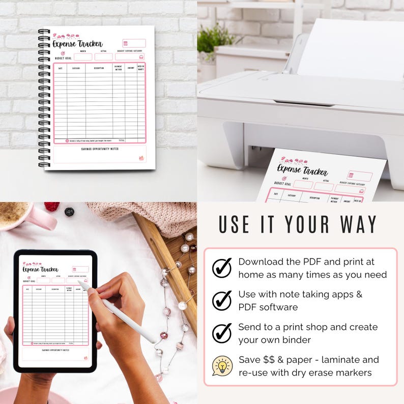 Printed pink budget tracker in a ring binder, filled in by hand as part of a financial planning setup.  Also, shown digital product use on tablet with stylus pen.