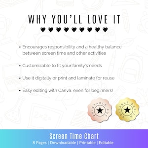 Może przedstawiać: Cyfrowy wykres czasu przed ekranem z tekstem "WHY YOU'LL LOVE IT" i punktami opisującymi jego funkcje. Zawiera dwie okrągłe odznaki z tekstem "PRINTABLE PDF" i "EDITABLE DESIGN". Wykres jest do pobrania, wydrukowania i edycji.