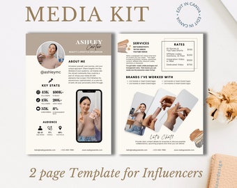 May include: A two-page media kit template for influencers, featuring a brown and beige color scheme. The first page includes a headshot of the influencer, key stats, and audience demographics. The second page lists services offered, rates, and brands the influencer has worked with. The text "Let's Chat!" is featured on the second page.