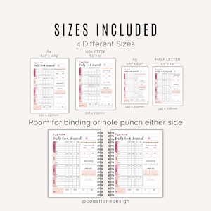 Preview of macro daily food journal printable in four sizes: US Letter, A4, Half Letter and A5.