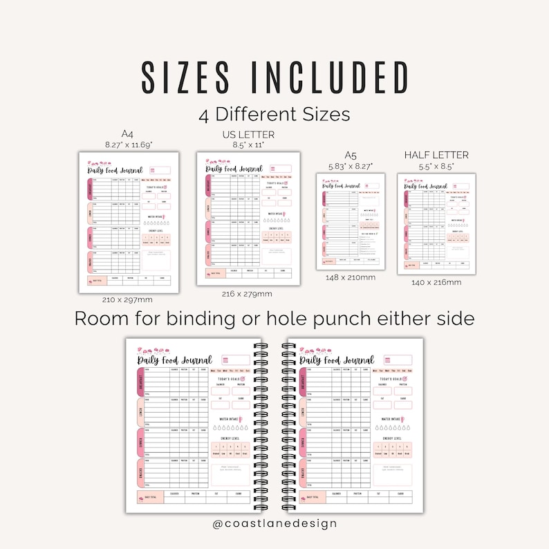Preview of macro daily food journal printable in four sizes: US Letter, A4, Half Letter and A5.