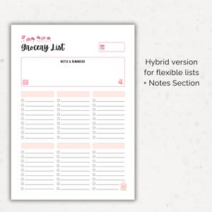 Hybrid grocery list printable with flexible categories, notes, and reminders for meal planning and shopping organization.