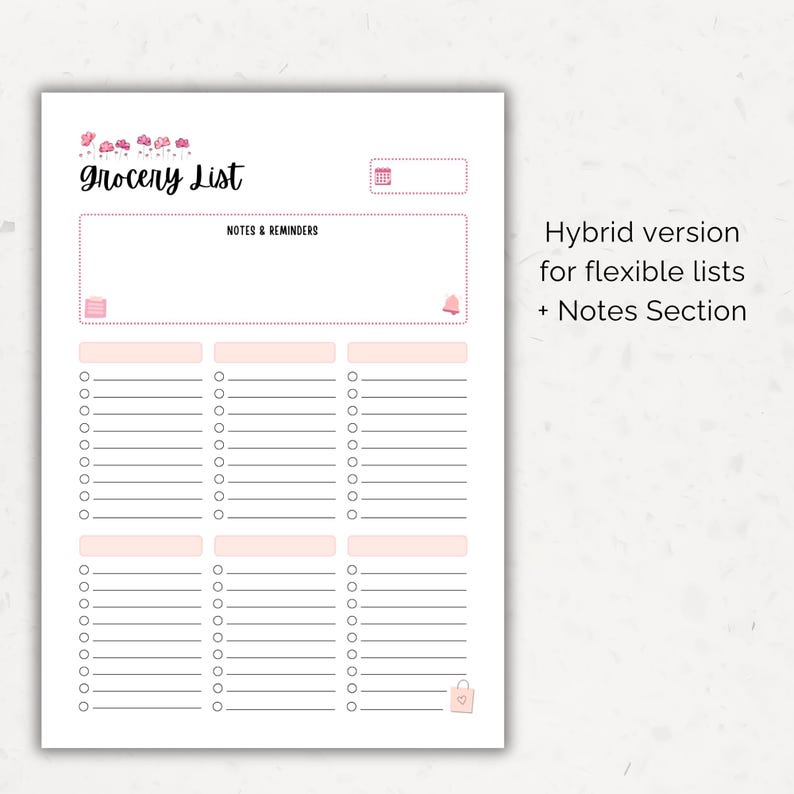 Hybrid grocery list printable with flexible categories, notes, and reminders for meal planning and shopping organization.