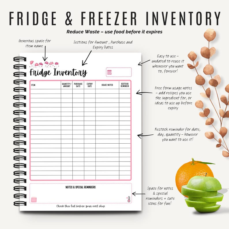 Fridge and Freezer inventory printable to track fresh and frozen food, expiry dates, and used items.