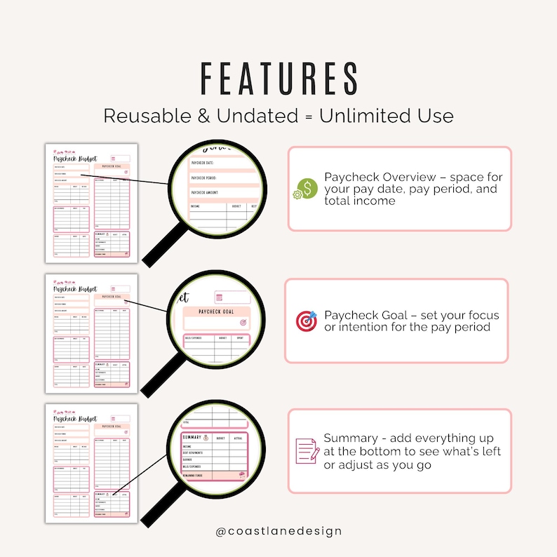 Close-up of income and savings tracker sections with soft floral design