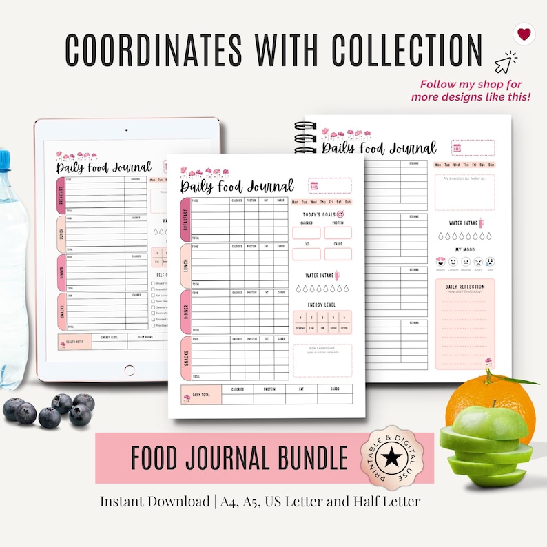 Weekly Menu Planner designed to match Food Journal and Grocery List Printables – part of a complete Meal Planner Bundle