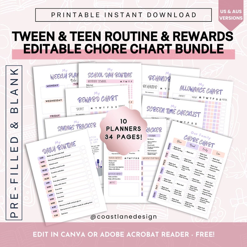 Chore Charts for Teens &amp; Tweens, Pink, Purple, Behavior, Screen Time ...