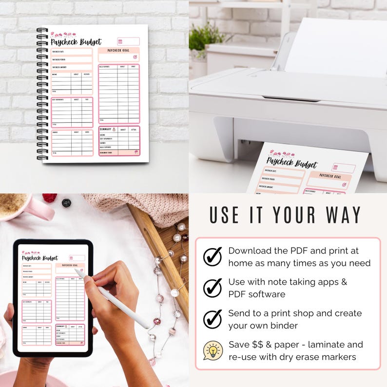 Printable paycheck budget sheet shown in a calm, feminine workspace, print at home, in a binder and on a tablet
