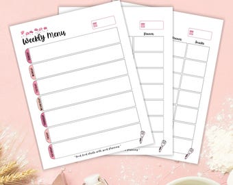 Weekly Meal Planner Printable – 3 Versions | Menu Planning Template PDF for Kitchen Organization | Sunday & Monday Start