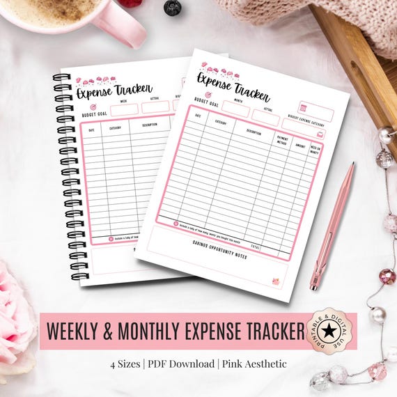 Expense Tracker Printable – Weekly & Monthly Spending Log | Pink Budget Planner PDF | A4, A5, US Letter, Half Letter Size